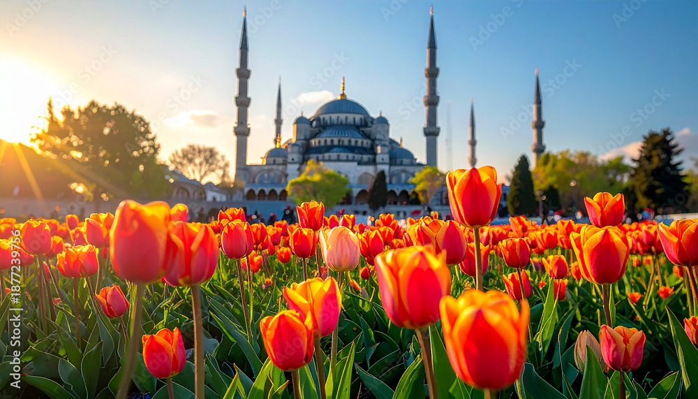 Fototapeta premium Blue mosque in istanbul with tulips, turkey travel landmark