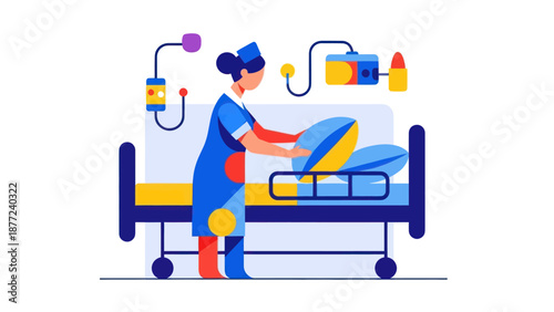 Nurse Caring for Patient in Hospital Bed with Medical Equipment