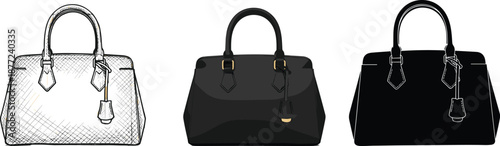 Women handbag vector illustration set showing sketch, colored, and black silhouette styles, fashion accessory design, luxury purse collection art