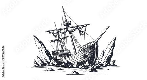 Detailed illustration of an old sailing ship amidst rocky waves a striking silhouette
