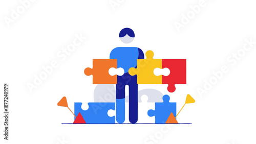 Photos Man Assembling Colorful Puzzle Pieces, Teamwork Concept