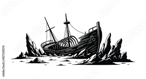 A detailed black and white illustration depicting a wrecked ship on jagged rocks silhouette