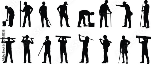 Construction Worker Silhouette Collection Featuring Builders, Laborers and Engineers in Action, Black Vector Icons Set for Industrial Projects, Safety Training, Workforce Illustration and Design Use