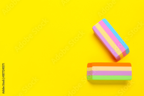 Colorful rubber erasers on ...