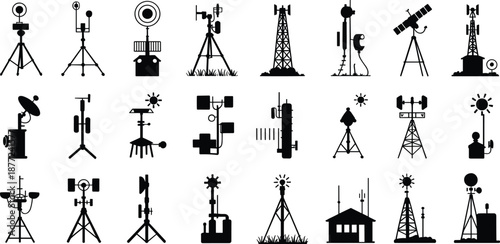 tower silhouette icons featuring antennas, satellite dishes, and weather stations for telecom, broadcast, and infrastructure design use