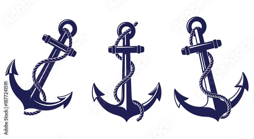 A collection of detailed nautical anchors presented in a striking dark blue silhouette