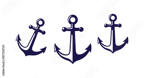 A collection of three dark blue nautical anchors displayed in a striking silhouette
