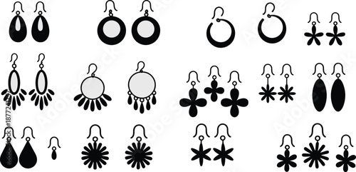 Minimal Earrings Silhouette Collection Featuring Fashion Jewelry Designs, Black Vector Icons for Women Accessories, Boutique Branding, Craft Projects, Modern Decorative Illustration