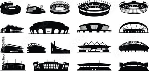 stadium icons featuring diverse sports arena designs, roof structures, and seating styles for architecture, branding, and illustration use