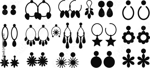 Earrings Silhouette Collection Featuring Fashion Jewelry Designs, Minimal Black Vector Icons Set for Women Accessories, Boutique Branding, Craft Projects and Decorative Illustration Use