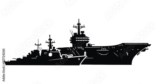 A striking black silhouette of a large naval aircraft carrier and escort ships silhouette
