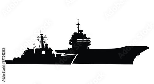 A striking black silhouette of a large naval aircraft carrier with distinct features silhouette