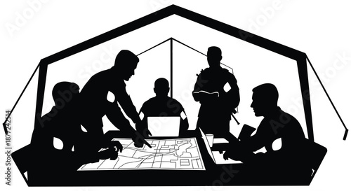 Group of people inside a tent working on plans and maps black and white silhouette