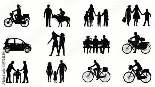 Collection of Silhouettes Representing People and Transportation.