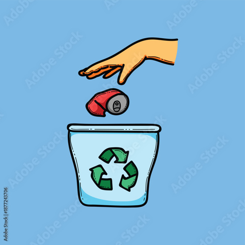 Hand Placing Can Into Recycling Bin To Promote Eco Friendly Waste Sorting