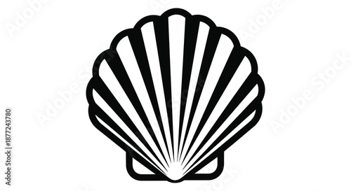 A striking black and white depiction of a scallop shell showcasing its ribbed structure silhouette