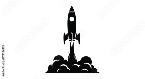 A striking depiction of a rocket launching with intense flames a bold silhouette