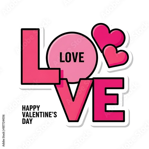 Stylized graphic featuring bold pink letters spelling love with hearts and a message