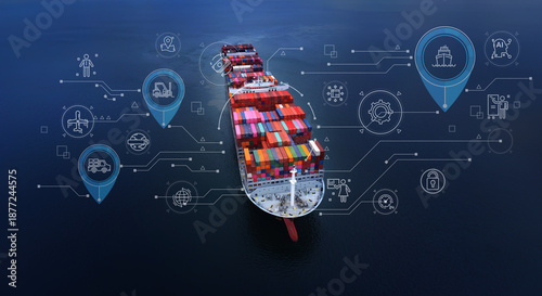 Bild auf Leinwand Aerial view container cargo ship sails across ocean waters with digital icons an