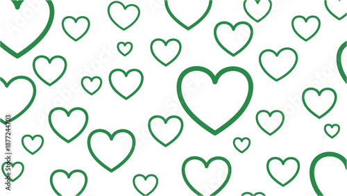 Seamless pattern of various sized green heart outlines scattered randomly on a clean white background, symbolizing love and affection.