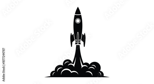 A detailed illustration of a rocket launching with fiery exhaust presented as a striking silhouette