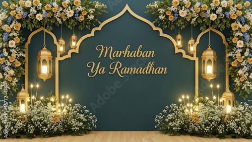 Ramadan Kareem Greeting with Floral Archway Decoration.