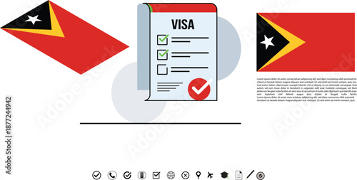 Timor-Leste Flags With Visa Document And Global Icons Concept Illustration For Travel And Visa.