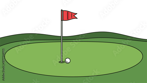 A golf ball sits next to the hole on a green with a red flagstick, illustrating a golf course putting area.