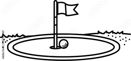 Black and white line drawing of a golf ball next to the flagstick on a putting green, illustrating a golf course scene.