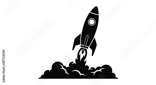 A striking black rocket launching with fiery exhaust trails a bold graphic silhouette