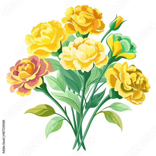 An illustration of a bouquet of yellow carnations perfect for Mother's Day. Vector illustration. Watercolor style. Gratitude. Surprise. Gift. Present.