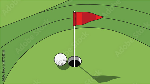 A golf ball sits right next to the hole with a red flag on a green putting course, almost ready to drop in.