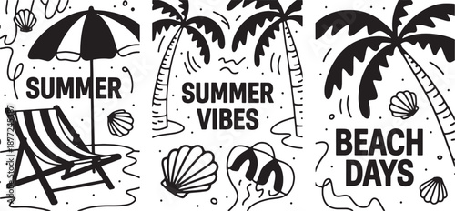 Black and White Hand Drawn Summer Beach Vector Illustration Set