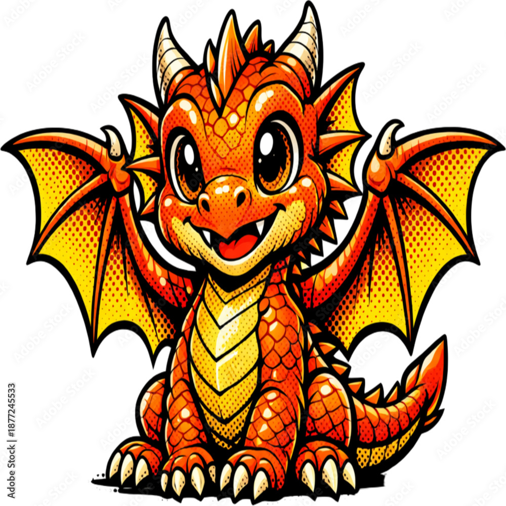 Naklejka premium Whimsical Dragon: A charming, friendly dragon with vibrant orange scales and golden wings, inviting a sense of wonder and fantasy.