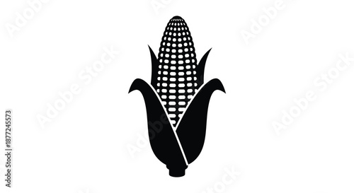 A striking black and white depiction of a corn cob with husk a bold silhouette