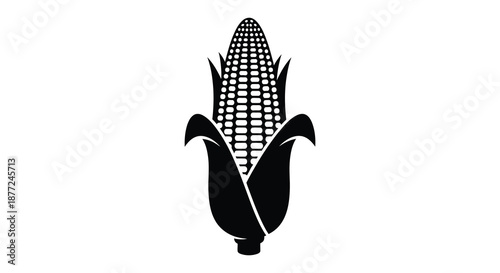 A striking black and white depiction of a corn cob with husk leaves a bold silhouette