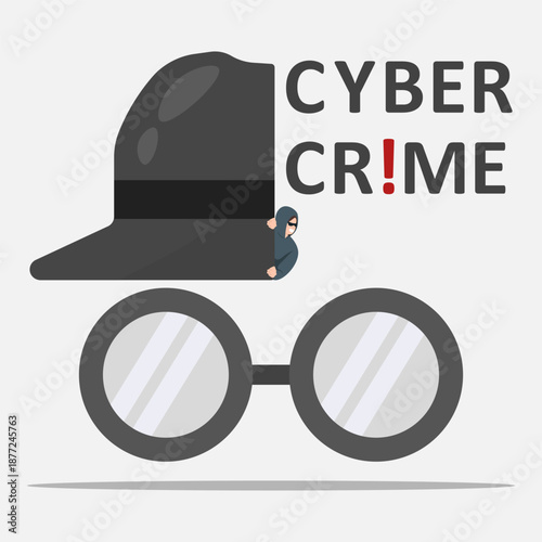 Hidden hacker peeking from giant detective hat with text cyber crime. Symbolizing stealing digital threats and online criminal activities.