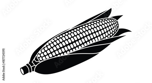 Detailed illustration of a corn cob with husk leaves presented as a striking silhouette