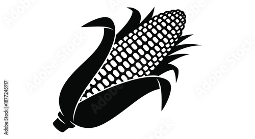 A striking black and white image displaying a detailed corn cob in a bold silhouette