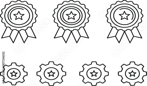 Minimalist Set of Award Medals and Achievement Star Gear Icons Featuring Black Outline Design for Recognition and Excellence.