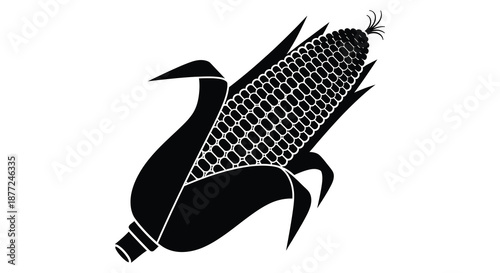 A striking black and white image depicting a corn cob with husk in silhouette