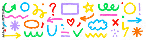 Hand drawn brush strokes abstract shapes arrow, asterisk, line element set. Grunge markers stroke arrows, organic curves. Geometric line circle, wave, star shapes. Vector illustration