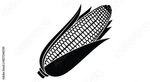 A striking black and white illustration of a corn cob with husk a bold silhouette