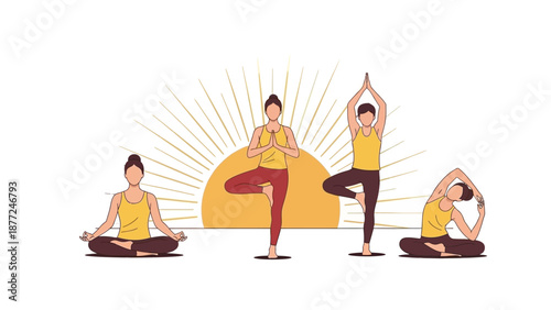 Illustration of four yoga practitioners in various poses against a vibrant orange sunburst on a white background, celebrating wellness and flexibility.