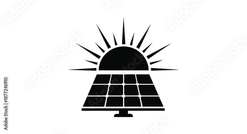 A striking visual of a solar panel array with a sunburst depicted as a silhouette