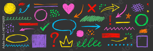 Hand drawn crayon arrows, chalk circles, dot color set. Textured chalk strokes with childlike doodles, dots, scribbles pastel texture pencil underline, star, arrow elements. Vector illustration