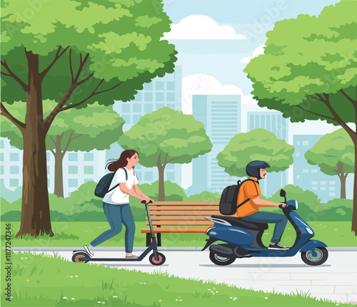 Urban park transportation scene vector with woman riding electric scooter and man driving motor scooter in green city environment