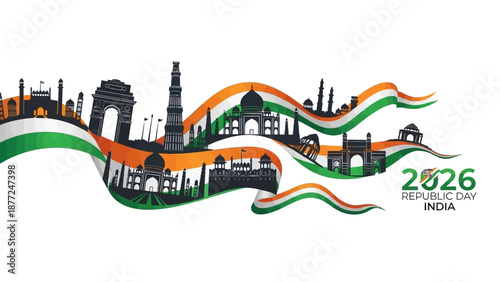 Vector illustration celebrating Republic Day in India with a character design featuring the Indian flag and cityscape on a white background.