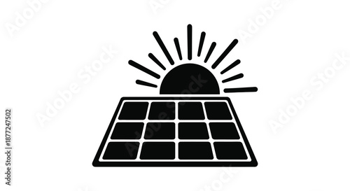 A striking black silhouette of a solar panel facing a radiant sunburst a modern energy source silhouette