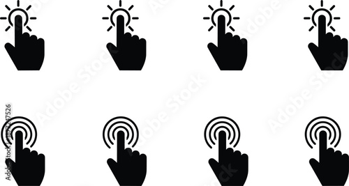 Set of black hand cursor icons with touch gestures, finger clicking points and interactive screen navigation symbols for apps.